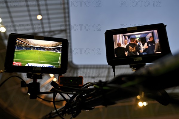 Monitors of the backdoor camera, playing field, PreZero Arena, Sinsheim, Baden-Württemberg,