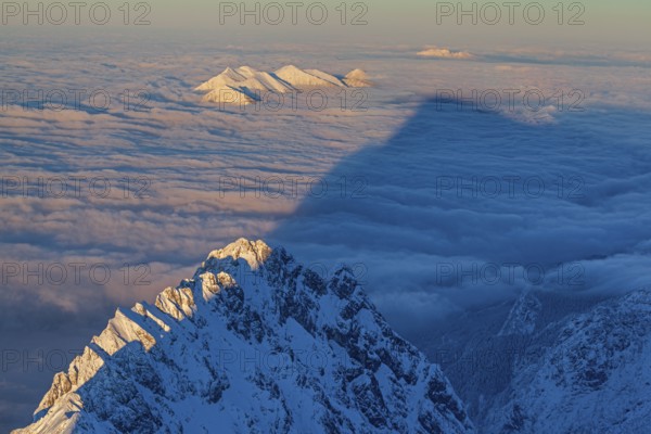Mountain peaks above high fog, evening light, winter, view from Zugspitze to Waxensteine and
