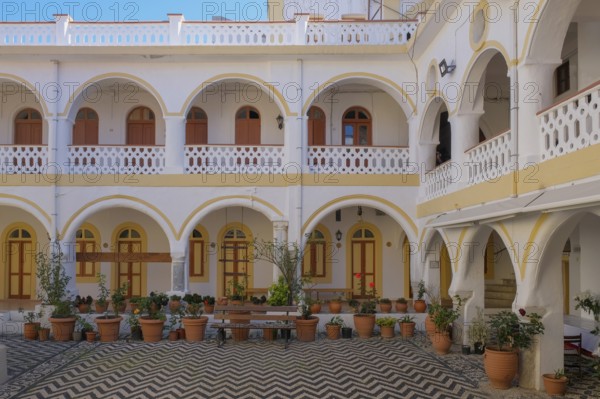 Courtyard of the Panormitis Monastery, Symi Island, Dodecanese, Greek Islands, Greece, Europe