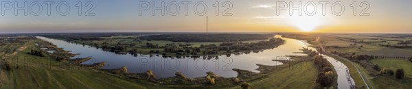 Panorama aerial view of river Elbe near Lenzen, marina Lenzen, view towards Höhbeck radio mast,