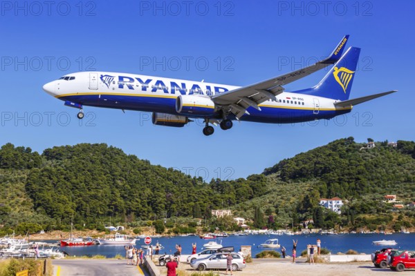 A Ryanair Boeing 737-800 aircraft with the registration SP-RSG at Skiathos Airport, Greece, Europe