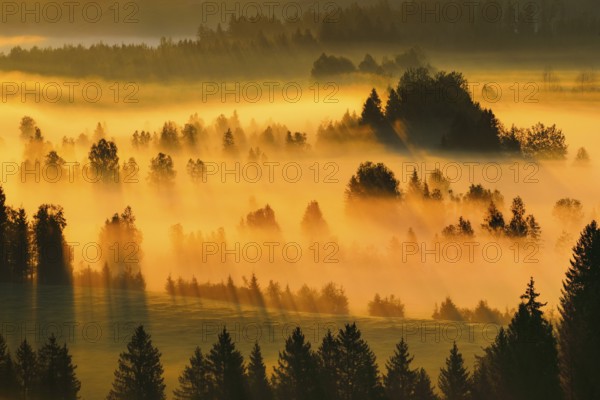 Fog and forest at the Rothenthurm high moor, Canton Schwyz, Switzerland, Europe