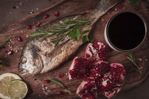 Fried dorado fish, with spices and herbs, on a wooden board, pomegranate sauce, close-up, no people