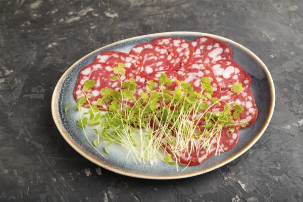 Slices of smoked cervelat salami sausage with spinach microgreen on black concrete background. Side