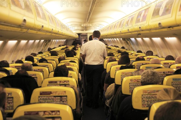 Inside Ryanair plane at Stansted airport, Essex, England, UK
