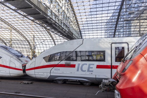 Central station with platform hall with glass roof construction, ICE, Berlin, Germany, Europe