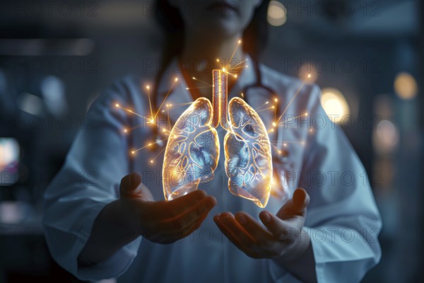 Doctor with virtual image of human lung. KI generiert, generiert, AI generated
