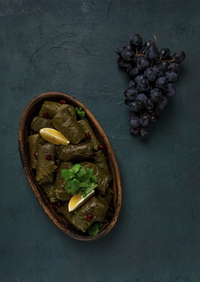 Dolma (Tolma) gefüllte Röllchen, Hackfleisch mit Reis, in Weinblättern, Draufsicht, ohne Personen,