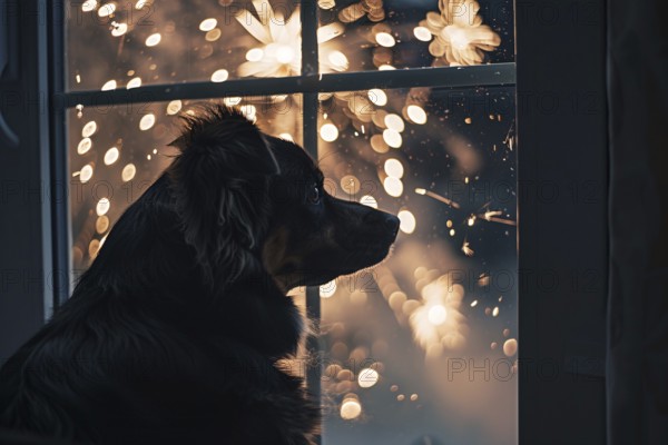 Black dog looking out of window at fireworks in night sky. Generative AI, AI generated