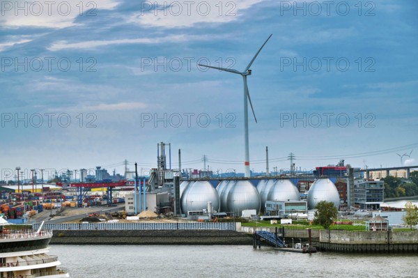 Wind turbine and Hamburg sewage treatment plant at the harbour, Hamburg, Land Hamburg, Germany,
