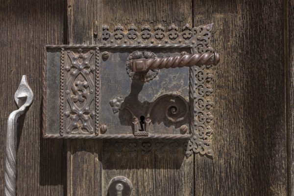 Old door lock of St. Boniface Church, Emmendingen, Baden-Württemberg, Germany, Europe