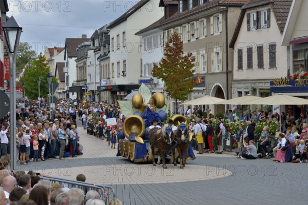 The Plums Queen Alina I. takes part in the parade of the Zwetschgenfest, plums festival, Bühl,