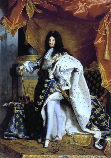 Louis XIV in Coronation Regalia, Portrait by Hyacinthe Rigaud, 1701, Historic, digitally restored