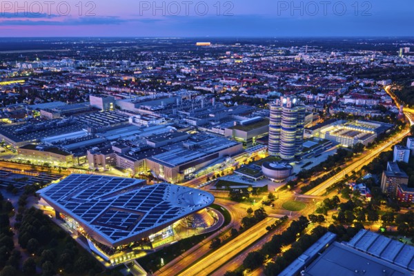 MUNICH, GERMANY, JULY 08, 2018: Aerial view of BMW Museum and BWM Welt and factory and Munich from