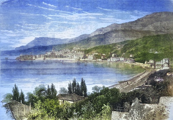 The Town of Menton on the Mediterranean, 1869, France, Historical, digitally restored reproduction