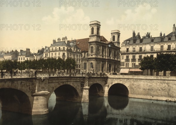 Bridge and church Sainte-Madeleine of Besancon, Bourgogne-Franche-Comte, France, c. 1890, Historic,