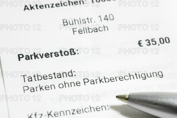 Ticket, parking offence, parking ticket, demand for payment, pen, Baden-Württemberg, Germany,