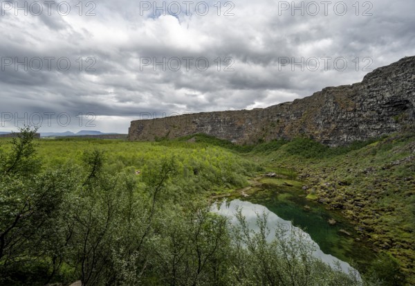Asbyrgi Canyon, Lake Botnstjörn, Lake on a cliff, Icelandic Highlands, Iceland, Europe