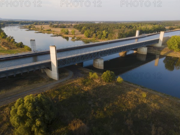 Drone image, Magdeburg waterway junction, canal bridge, Mittelland Canal, Elbe, Magdeburg,