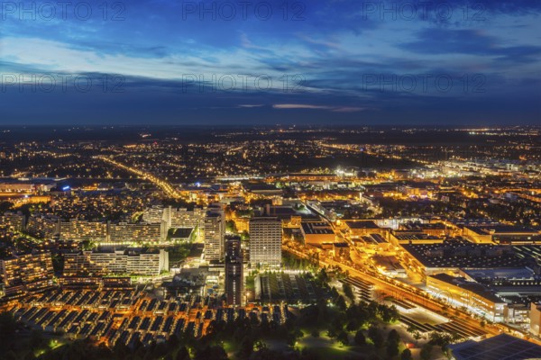 Night aerial view of Munich from Olympiaturm (Olympic Tower) . Munich, Bavaria, Germany, Europe