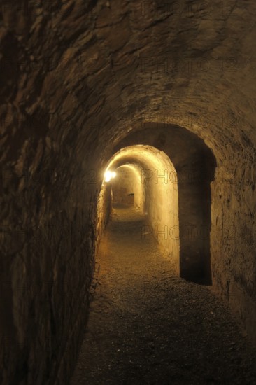 Narrow dark passage in the casemates, cellar, vault, castle complex, Marburg, Hesse, Germany,