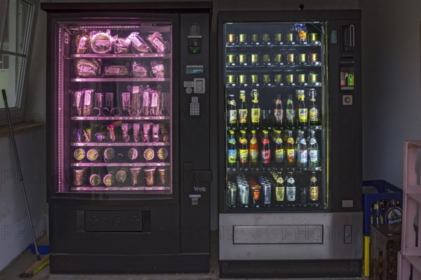 Food vending machines stocked with sausage products and drinks, Bavaria, Germany, Europe