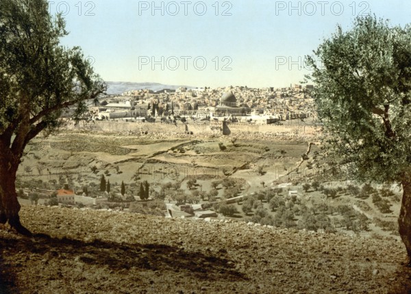 View from the Mount of Olives, Jerusalem, Holy Land, Israel, c. 1890, Historic, digitally restored