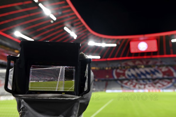 Overview interior Allianz Arena, empty, monitor with goal, goal net, TV camera, logo FC Bayern