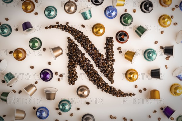 Food photography, Nespresso logo made from coffee beans with Nespresso capsules