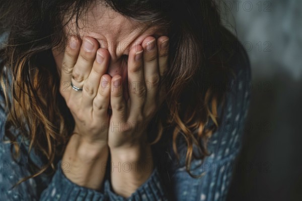 Crying sad woman holding face with hands. KI generiert, generiert AI generated