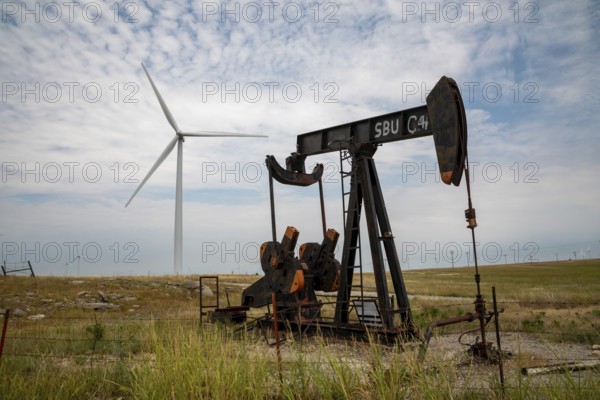 Osage Nation, Oklahoma, An oil well and wind turbines on the Osage Indian Reservation. The Osage