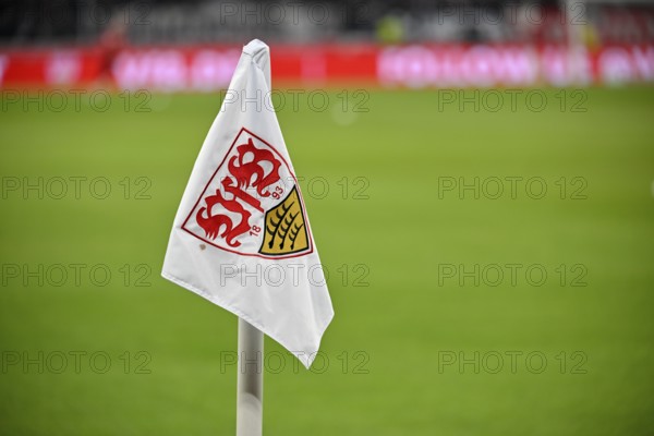 Corner flag with VfB Stuttgart logo, stadium interior, MHPArena, MHP Arena Stuttgart,