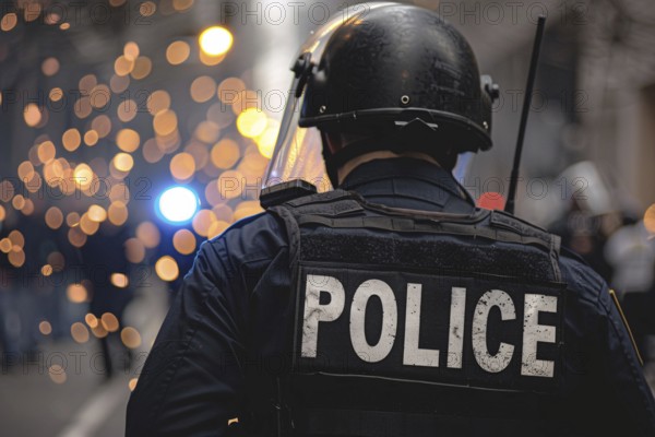 Back view of police officer with helmet and bulletproof vest. Generative Ai, AI generated