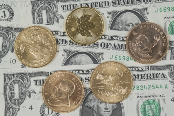 US dollar, various gold coins, symbol photo gold, investment, currency