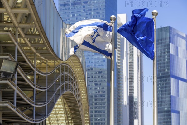 Israel, Tel Aviv financial business district skyline includes shopping malls and high tech offices,