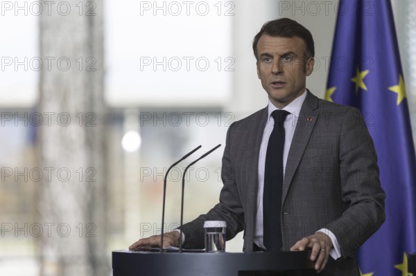 Emmanuel Macron, President of France, recorded during a press conference at the Federal Chancellery
