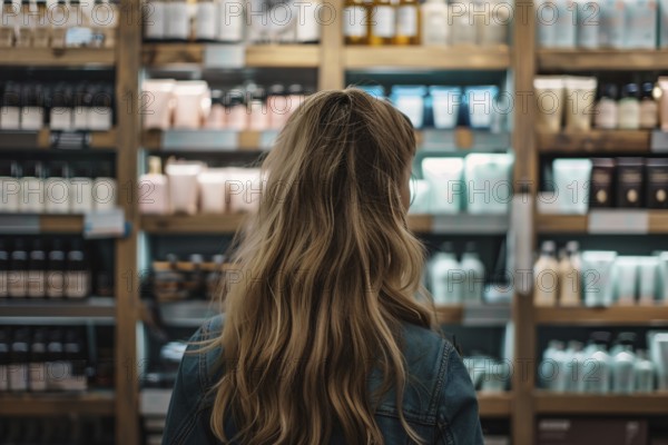 Young woman standing in front of shelves with cosmetic and makeup products in store. KI generiert,
