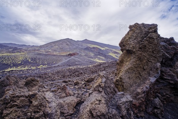 Lava rock and crater landscape around the Crateri Silvestri in the Etna National Park, Parco