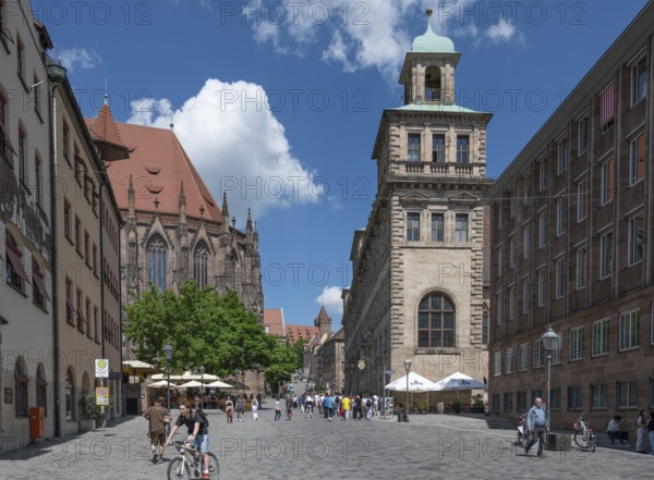 Old Town Hall, built around 1620 and the Gothic St Sebald's Church on the left, Nuremberg, Middle