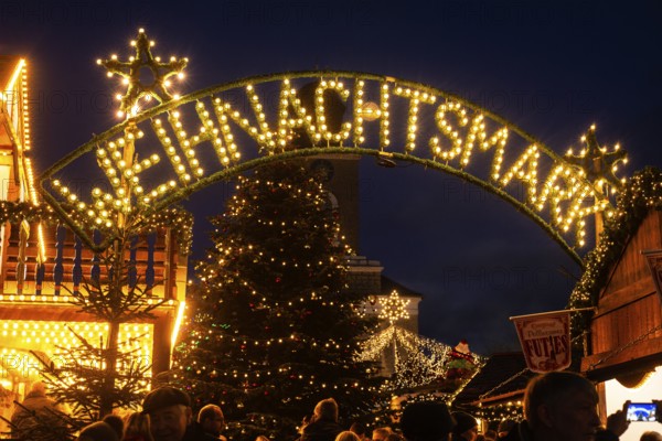 Illuminated sign Weihnachtsmarkt at the Christmas market in Husum, Schleswig-Holstein, Germany,
