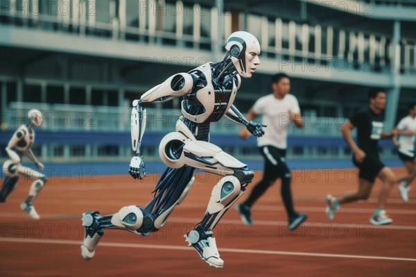 Futuristic humanoid cyborg competing with humans in a Stadium, AI generated