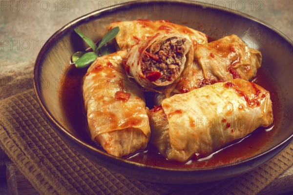 Stuffed cabbage rolls with minced meat, in tomato sauce, top view, without people, in the spotlight