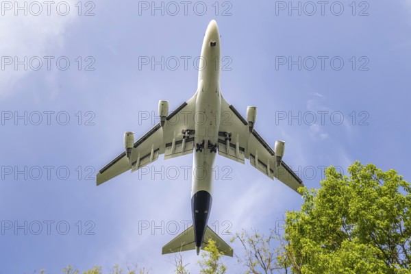 Aircraft on approach shortly in front of landing at Frankfurt Airport, Fraport. Boeing 747,
