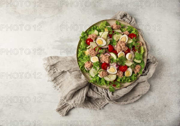 Tuna salad, vegetable salad with quail eggs, lettuce, red onion and cucumbers, on a light gray