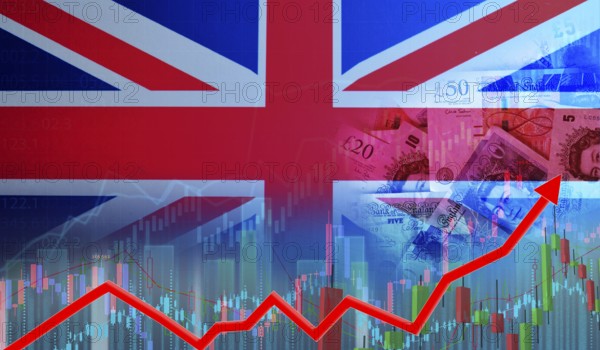 Growth of UK economy on the financial graph. UK financial growth concept, economic recovery