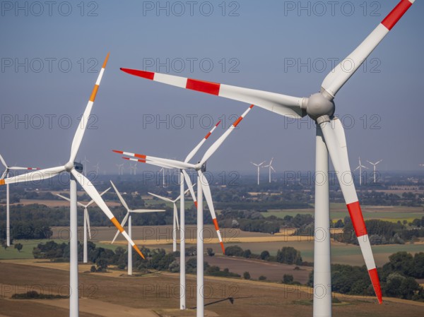 Wind farm near Anklam, drone photo of wind turbines, Sarnow, Mecklenburg-Western Pomerania,