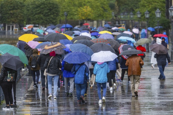 Tourists with umbrellas on the Brühl's Terrace in Dresden, continuous rain in Dresden, Dresden,
