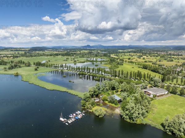 Aerial view of western Lake Constance with the Radolfzeller Aachried and the Mooser Damm at high