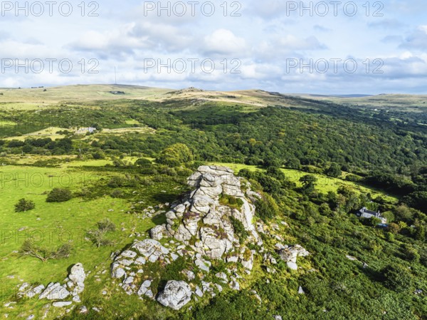 Vixen Tor from a drone, Dartmoor National Park, Yelverton, Devon, England, United Kingdom, Europe