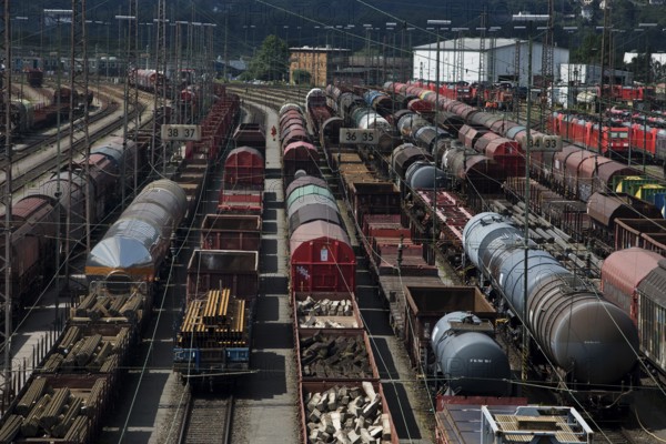 Train formation yard in the Vorhalle district, marshalling yard, goods trains, Hagen, Ruhr area,
